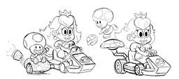 Sketch of Peach in a kart with Toad at her side