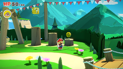 Mario standing near a 10-Coin in Whispering Woods of The Origami King.