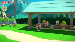 Mario standing near 2 100-Coins in Whispering Woods of The Origami King.