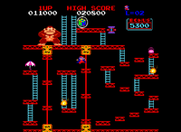 A screenshot of the Donkey Kong (game) arcade game in Donkey Kong 64 with Donkey Kong protecting a Nintendo Coin instead of Pauline.