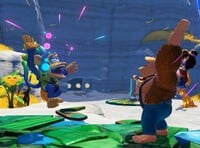 A screenshot of Donkey Kong Bananza in which Donkey Kong and Pauline give a Salvager Monkey a High-five.