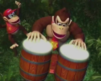 Donkey Kong and Diddy Kong in a Japanese commercial for Donkey Konga.