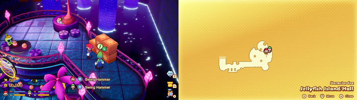 Mario and Luigi near wooden crates containing 2 10-Coin and a Refreshing Herb on Jellyfish Island of Mario & Luigi: Brothership.
