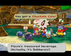 Mario getting the Chuckola Cola from Flavio in Keelhaul Key of Paper Mario: The Thousand-Year Door.