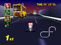 A bus in Toad's Turnpike from Mario Kart 64