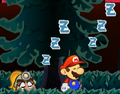 Mario and Goombella under the effects of the Sleep status ailment.
