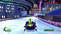 Yoshi competing in the Roller Coaster Bobsleigh on Speed Highway.