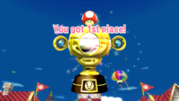 the golden trophy of the Mushroom Cup seen in Mario Kart Wii.
