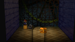 Mario at a hidden ? Block location in the Palace of Shadow, in the remake of the Paper Mario: The Thousand-Year Door for the Nintendo Switch.