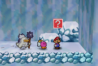 Mario, approaching the Mega Jump badge in Shiver Mountain.