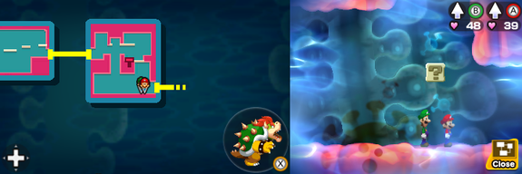Seventeenth block in Pump Works of Mario & Luigi: Bowser's Inside Story + Bowser Jr.'s Journey.