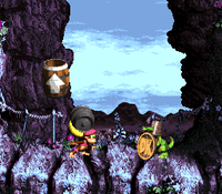 Donkey Kong Country 3: Dixie Kong's Double Trouble!: Dixie Kong holding a Steel Barrel at Koin in Ropey Rumpus