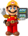 Builder Mario holds a New Nintendo 3DS and a stylus