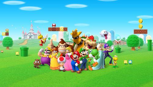 Promotional CGI illustration of major recurring characters in the Super Mario franchise.