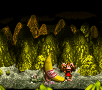Donkey Kong celebrates getting a Giant Banana in Very Gnawty's Lair.
