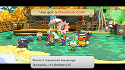 Mario getting the Chuckola Cola from Flavio in Keelhaul Key of Paper Mario: The Thousand-Year Door for Nintendo Switch.