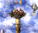Diddy Kong and Dixie Kong find two Banana Bunch Coins floating above the nest of Krow's Nest