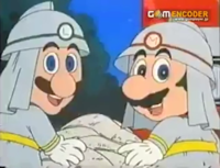 Two fire-fighters who reveal themselves as Mario and droopy-nosed Luigi in Super Mario no Shōbōtai