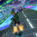 Link holding the Master Sword in Mute City in Mario Kart 8