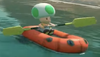 A Toad riding a raft seen in Mario Kart World
