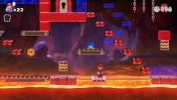 Screenshot of Fire Mountain level 3-4 from the Nintendo Switch version of Mario vs. Donkey Kong