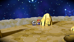 Mario near the rock containing a Stopwatch on the Moon of Paper Mario: The Thousand-Year Door for Nintendo Switch.