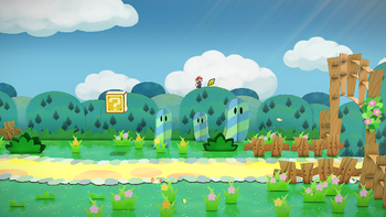 Mario getting the Star Piece in the background of Petal Meadows in the remake of the Paper Mario: The Thousand-Year Door for the Nintendo Switch.