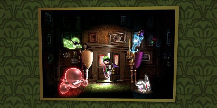 Artwork of Luigi, Polterpup and ghosts shown with the second question of Luigi's Mansion 2 HD Ghost Personality Quiz.