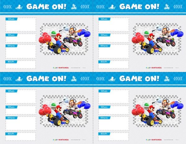 Printable Mario Kart 8 Deluxe-themed party invitation cards