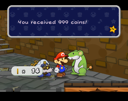 Mario getting Coins from Lumpy in Rogueport of Paper Mario: The Thousand-Year Door.