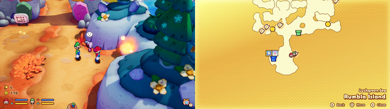 Mario and Luigi near a Sprite Bulb Nest on Rumbla Island of Mario & Luigi: Brothership.