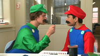 A Super Mario reference on a television program, where two actors dispute about whether Mario should shave off his mustache