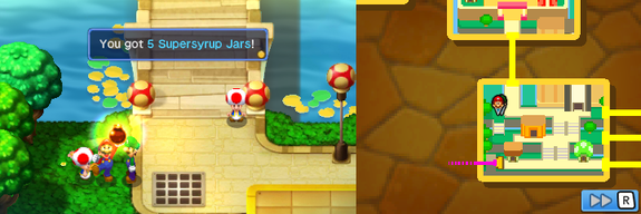 Mario and Luigi getting 5 Supersyrup Jars from PR Toad in Toad Town of Mario & Luigi: Bowser's Inside Story + Bowser Jr.'s Journey.