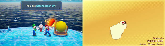 Mario getting a Stache Bean DX from Knocken Slyde on Compac Islet of Mario & Luigi: Brothership.