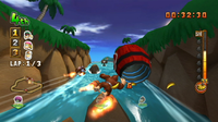 Donkey Kong races to a Barrel Cannon in the DK Jungle stage of Donkey Kong Barrel Blast.