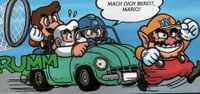 Mega Man, Dr. Light and Mario trying to catch Wario, from the Club Nintendo comic "Super Mario: Die Verwandlung".