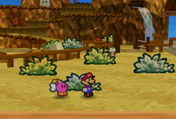 Mario finding 3 Coin inside bushes in the first scene of Mt. Rugged of Paper Mario.