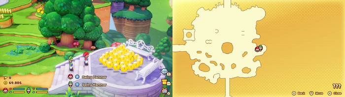 Mario and Luigi near 35 Coins in the illusionary Mushroom Kingdom area of Soli-Tree of Mario & Luigi: Brothership.