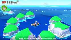 Location of where to dive for a chest containing a Coin Bag in The Great Sea of The Origami King.