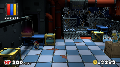 Mario near a Heart in Black Bowser's Castle of Paper Mario: Color Splash.