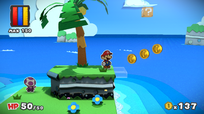 Mario in front of the unrevealed stairs in Bloo Bay Beach of Paper Mario: Color Splash.
