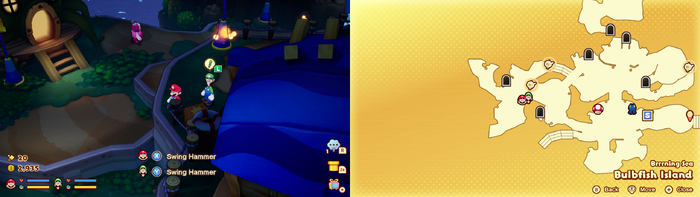 Mario and Luigi near a wooden crate containing a Refreshing Herb on Bulbfish Island of Mario & Luigi: Brothership.