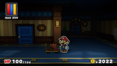 Mario near the unrevealed ghost in the second floor hallway of Dark Bloo Inn of Paper Mario: Color Splash.