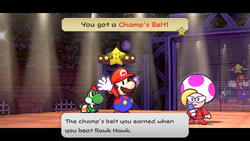 Mario getting the Champ's Belt from Jolene in Glitz Pit of Paper Mario: The Thousand-Year Door for Nintendo Switch.