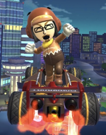 The Goomba Mii Racing Suit performing a trick.