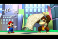 Donkey Kong tries to empty the bag as Mario laughs at him.