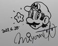 Shigeru Miyamoto's signature with drawings of Mario and a Super Star at the entrance