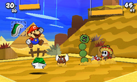 A pre-release image of Mario battling a Paragoomba, a Green Pokey, a Spiny, and a Sombrero Guy in World 2-2 of Paper Mario: Sticker Star. Mario has 30 HP and is battling the enemies(who collectively have 49 HP) with a Shell Sticker. The enemies have 45 collective HP left.