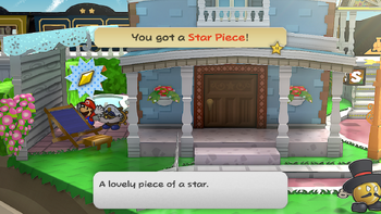 Mario getting the Star Piece behind the chair at the left area of the first scene of Poshley Heights in the remake of the Paper Mario: The Thousand-Year Door for the Nintendo Switch.