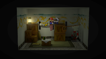 Mario getting the Star Piece in the east house in Rogueport Underground in the remake of the Paper Mario: The Thousand-Year Door for the Nintendo Switch.